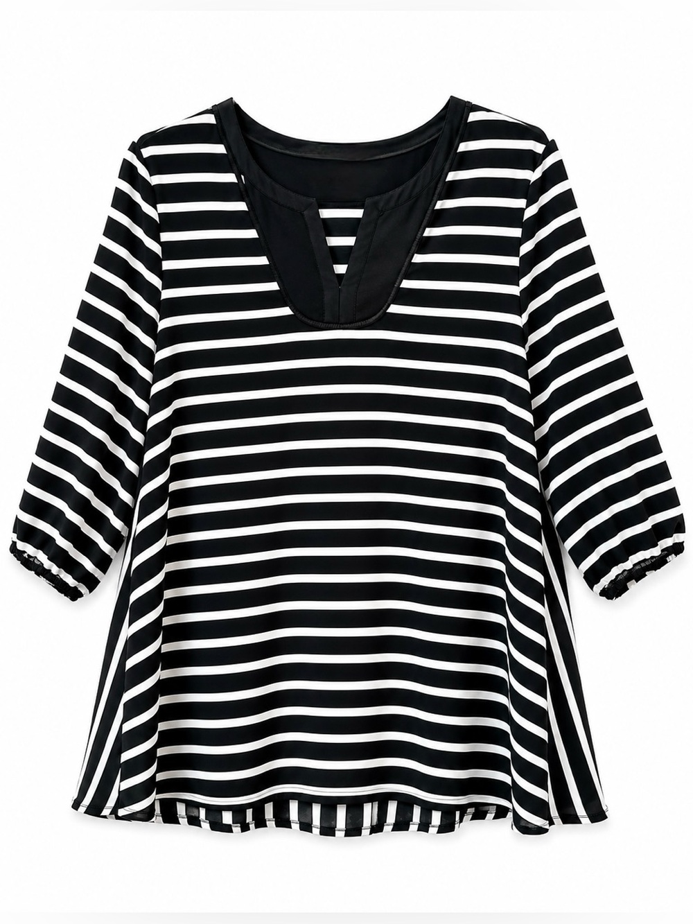 Cato Black White Striped Swing Top Deep V Neck 3/4 Sleeve Size S